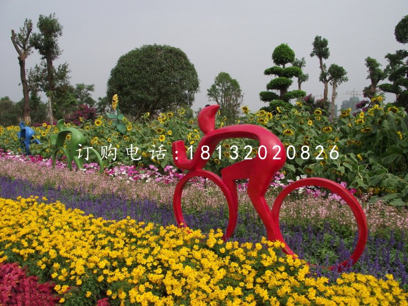 抽象人物騎車子雕塑，不銹鋼景觀雕塑
