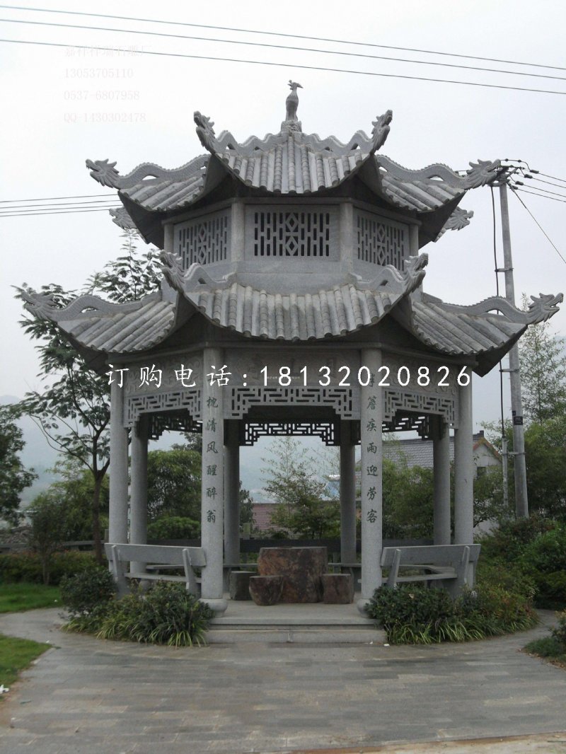 八角涼亭石雕，青石亭子