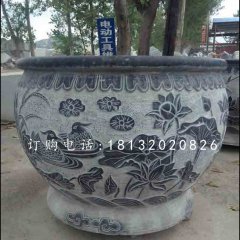 荷花石浮雕水盆，青石水缸