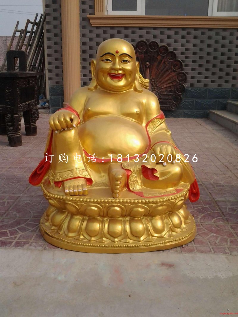 坐式彌勒佛雕塑，銅雕彩繪佛像