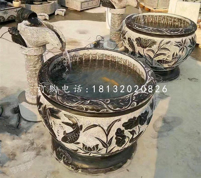 青石仿古石缸，別墅流水擺件