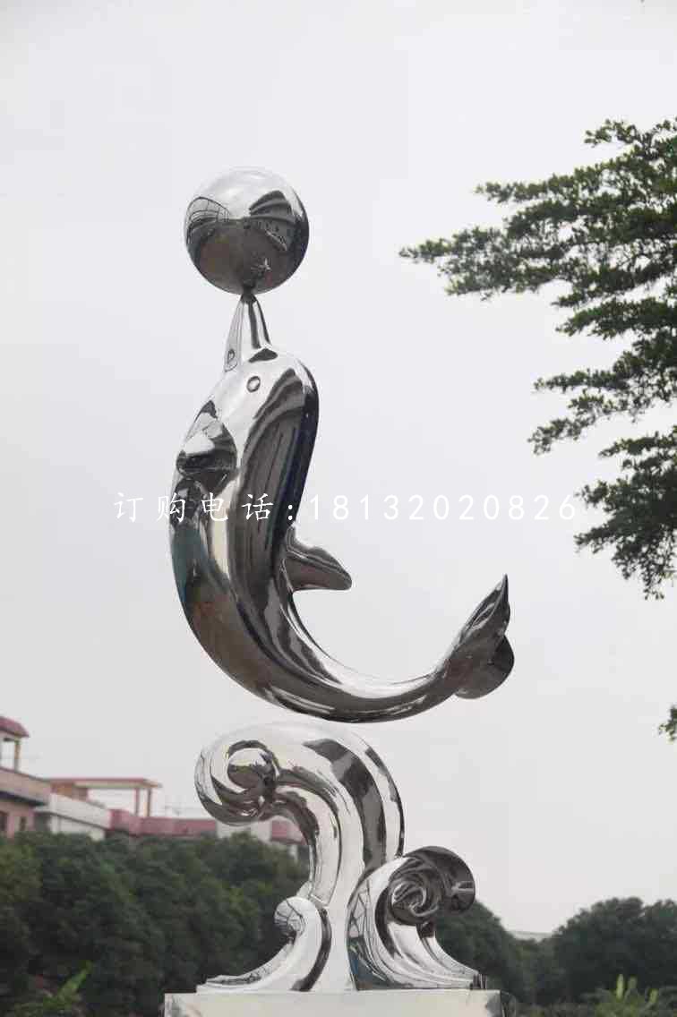 海豚頂球雕塑，不銹鋼景觀雕塑
