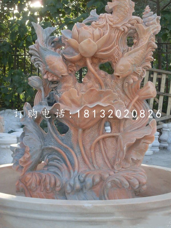 鯉魚荷花石雕，晚霞紅石雕