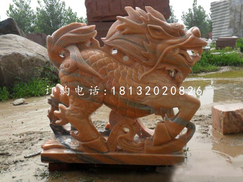 古代神獸石雕，晚霞紅麒麟雕塑 (1)