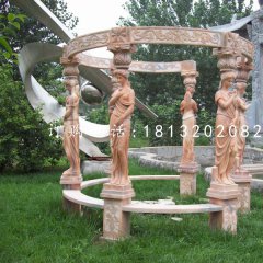 西方人物石涼亭，晚霞紅歐式?jīng)鐾? width=