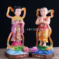 玻璃鋼善財(cái)童子龍女雕塑，彩繪神像雕塑