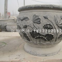 荷花鯉魚(yú)石浮雕水缸，青石仿古水缸