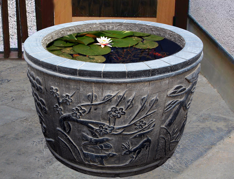 梅花喜鵲石浮雕魚缸，庭院擺件石雕