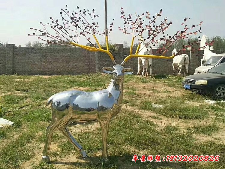 公園動物雕塑，不銹鋼鏡面鹿雕塑