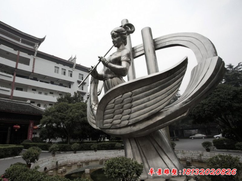 古代美女吹笛子雕塑，不銹鋼人物雕塑