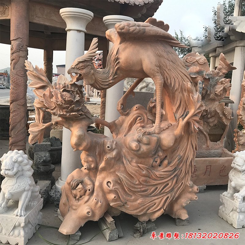 鳳凰牡丹石雕，晚霞紅景觀石雕[1]