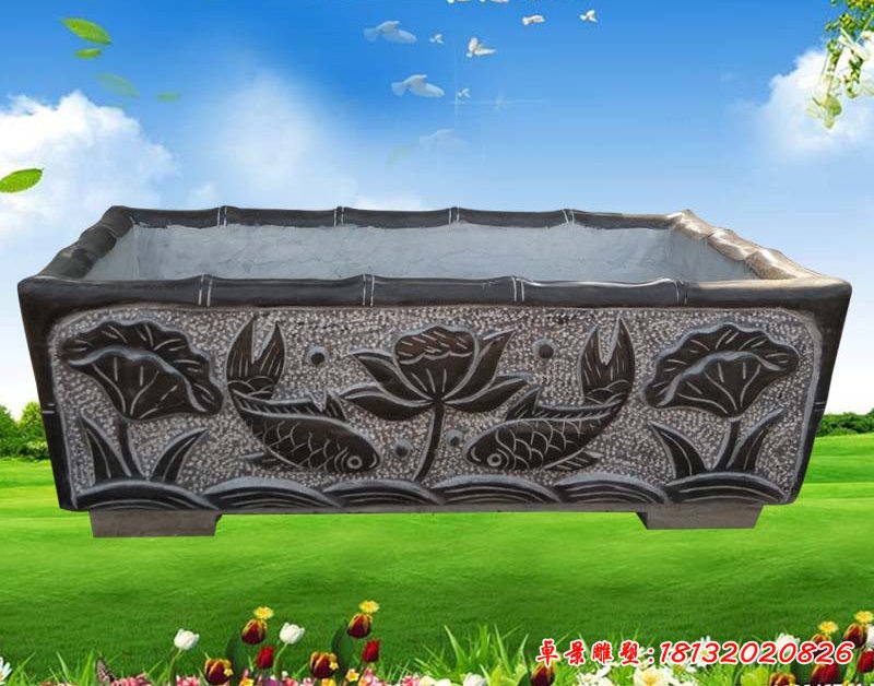 鯉魚(yú)荷花浮雕水缸 青石仿古水缸石雕 (2)[1]