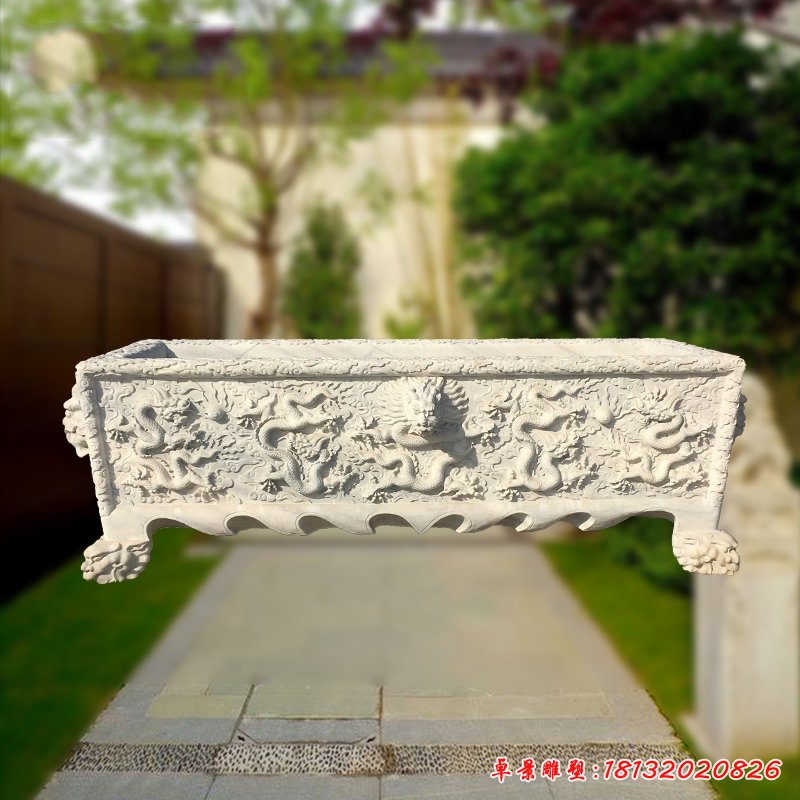 長(zhǎng)形水缸石雕，龍浮雕水缸[1]