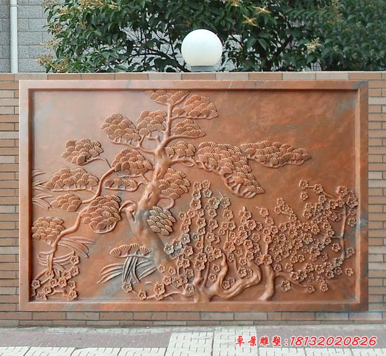 晚霞紅松梅壁畫(huà)浮雕，園林景觀石雕[1]