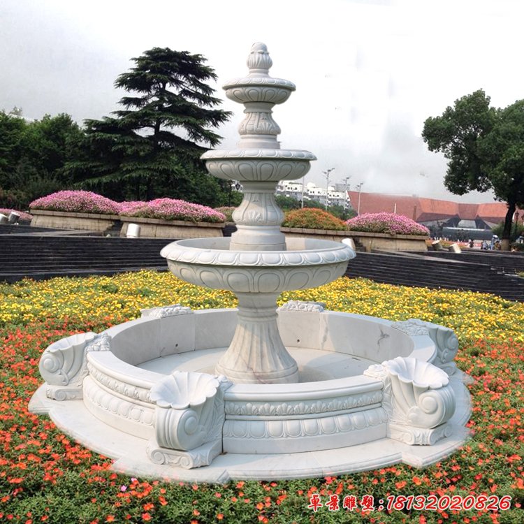 漢白玉三層噴泉石雕，公園歐式噴泉石雕[1]
