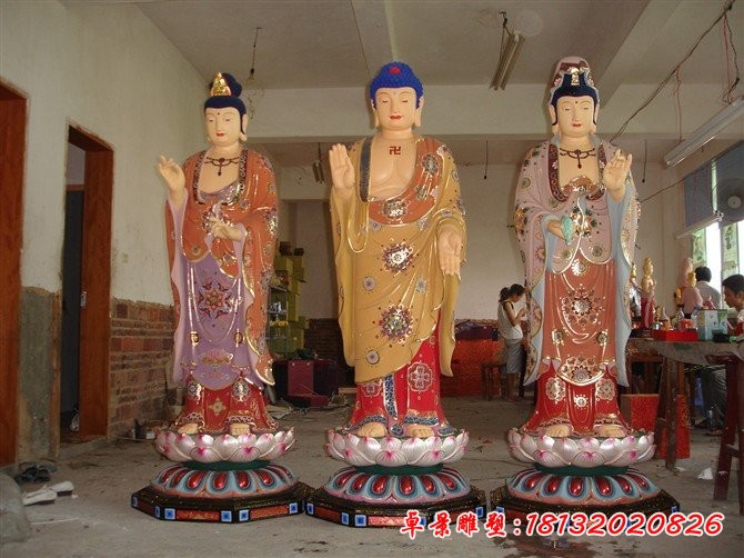 玻璃鋼西方三圣雕塑，彩繪佛像雕塑