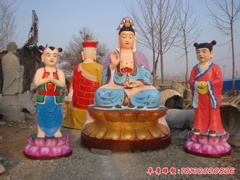 觀音菩薩與善財童子雕塑，玻璃鋼佛像雕塑