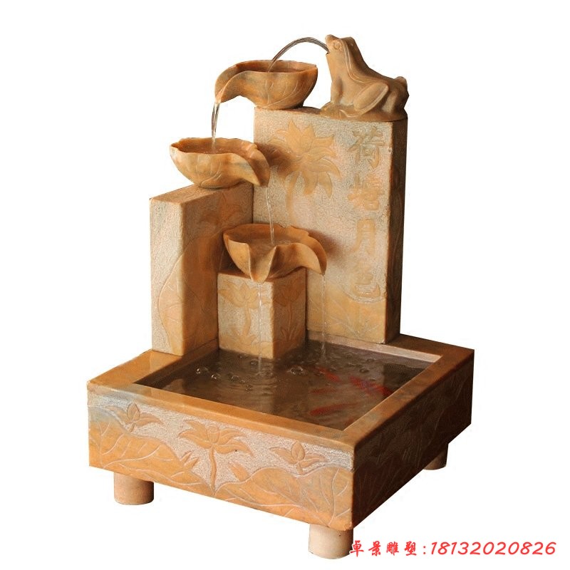 晚霞紅荷塘月色流水擺件，庭院流水石缽