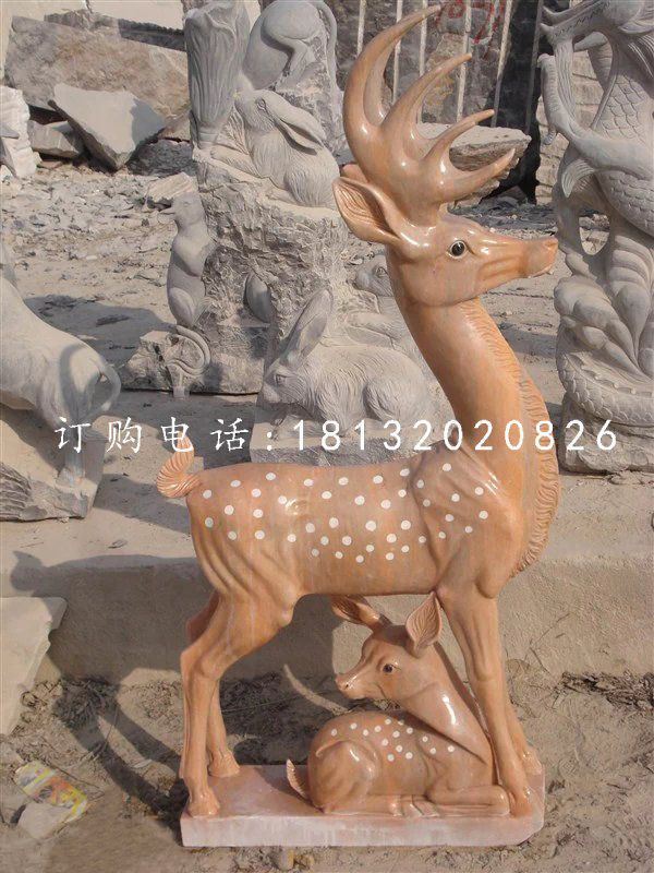 梅花鹿石雕，晚霞紅母子鹿石雕
