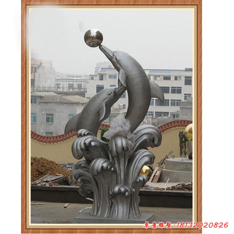 海豚頂球雕塑，公園不銹鋼景觀雕塑